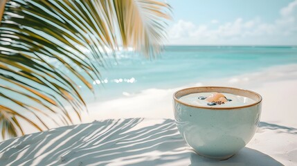 Obraz premium Refreshing tropical fruit smoothie bowl set against a serene turquoise ocean landscape with swaying palm leaves Healthy vibrant and rejuvenating ocean inspired scene