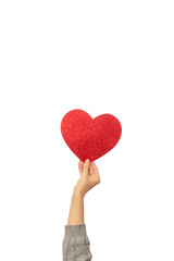 Female hands in a gray sweater hold a red shiny heart. Template for designers, white background
