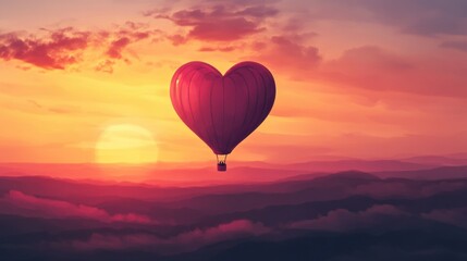 Obraz premium A whimsical Valentine's Day illustration of a heart-shaped hot air balloon flying over a scenic sunset.