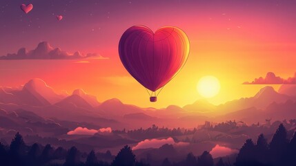 Fototapeta premium A whimsical Valentine's Day illustration of a heart-shaped hot air balloon flying over a scenic sunset.