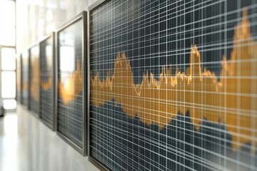 computer monitors displaying stock market graphs. The screens are black and the graphs are colorful. Scene is serious and focused, as the graphs show the fluctuations of the stock market