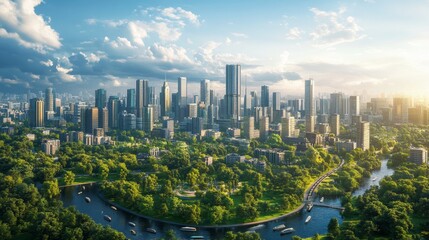 Fototapeta premium Urban skyline with lush greenery and a winding river at dusk