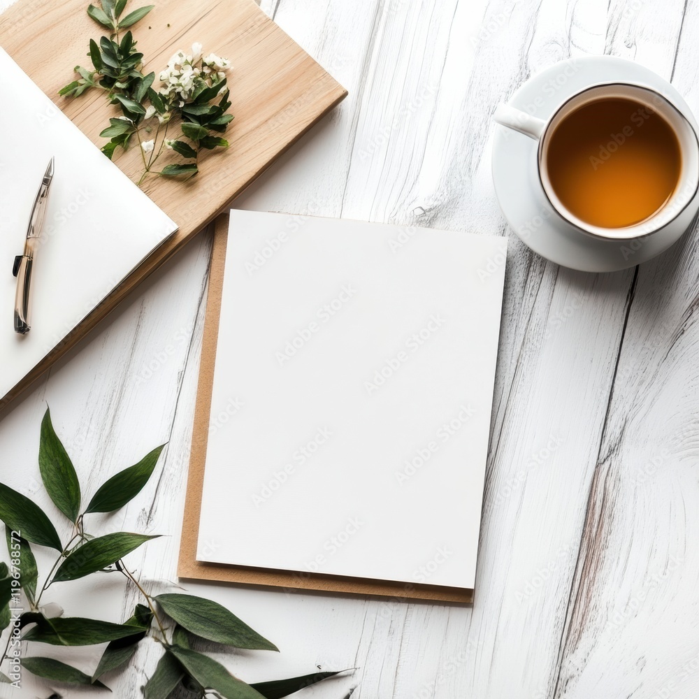 Poster Creative workspace arrangement with tea, stationery, and empty notepad for text placement. Generative AI