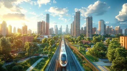 Modern train travels through a vibrant urban landscape at sunset in a bustling city