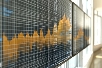 computer monitors displaying stock market graphs. The screens are black and the graphs are colorful. Scene is serious and focused, as the graphs show the fluctuations of the stock market