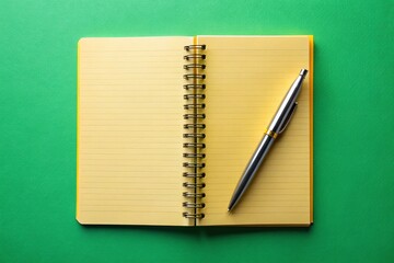 Yellow Spiral Notebook Planner Layout on Green Background with Pen - Blank Template for Design & Lettering