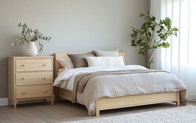 Fototapeta premium Scandinavian bedroom with soft neutral tones, a simple light wood dresser, and a minimalist vibe