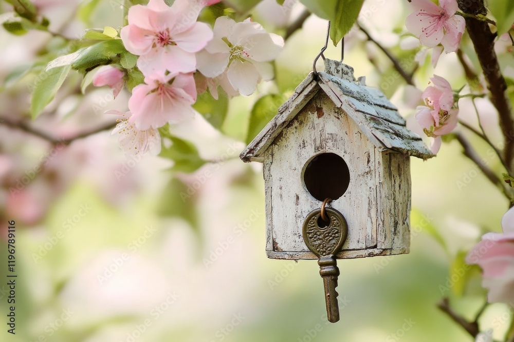 Wall mural Charming Birdhouse Hanging Amidst Beautiful Pink Blossoms in a Lush Spring Garden Creating a Serenity and Peaceful Atmosphere for Nature Lovers