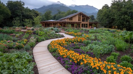 Mountain resort garden path, blooming flowers, tranquil landscape, wellness retreat