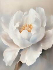 Fototapeta premium Wall Art Peony poster, Delicate white flower with soft petals showcasing intricate golden center in a serene background