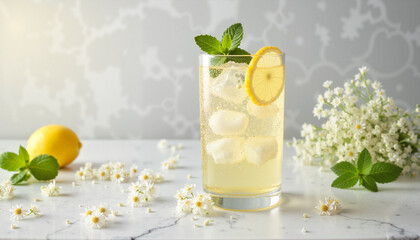 Photorealistic elderflower cordial drink, crisp and refreshing lighting, sparkling water on marble countertop with copy space
