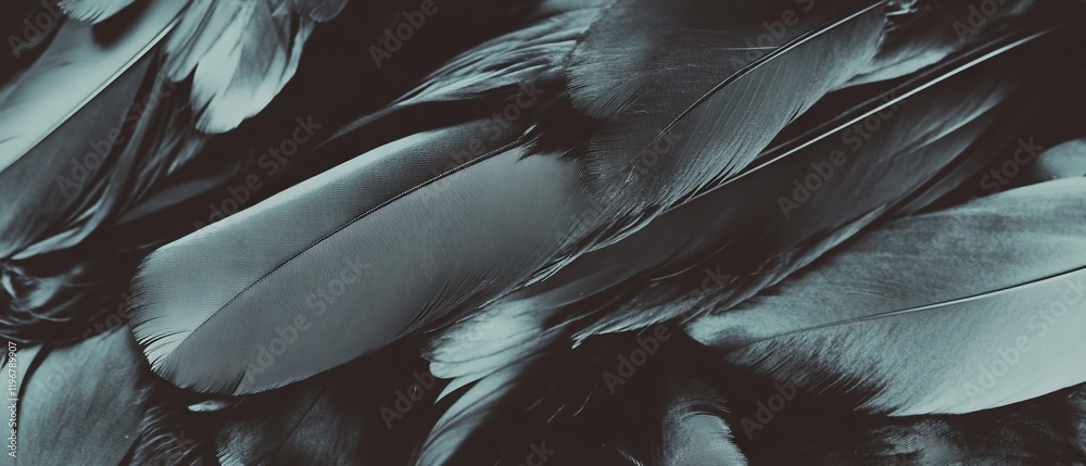 Poster swirling dark feathers create a dramatic contrast against a black backdrop showcasing soft textures