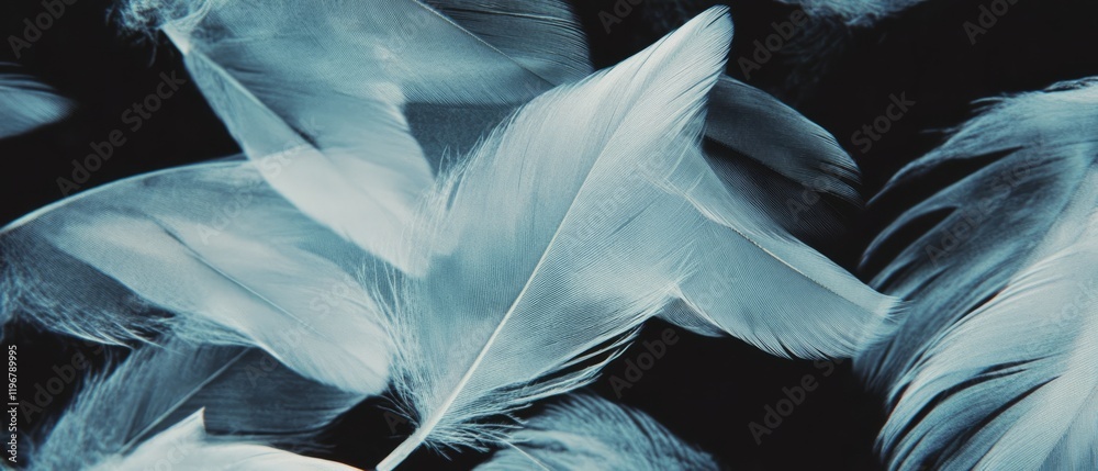 Poster swirling dark feathers create dramatic textures against a black backdrop at twilight