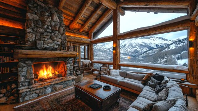 Rustic log cabin living room with stone fireplace and panoramic snowy mountain view seamless looping 4k time-lapse animation video background