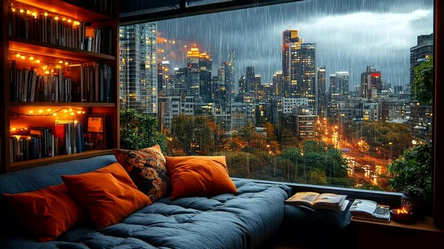 Cozy reading nook with pillows, bookshelves, and a rainy cityscape view at night seamless looping 4k time-lapse animation video background