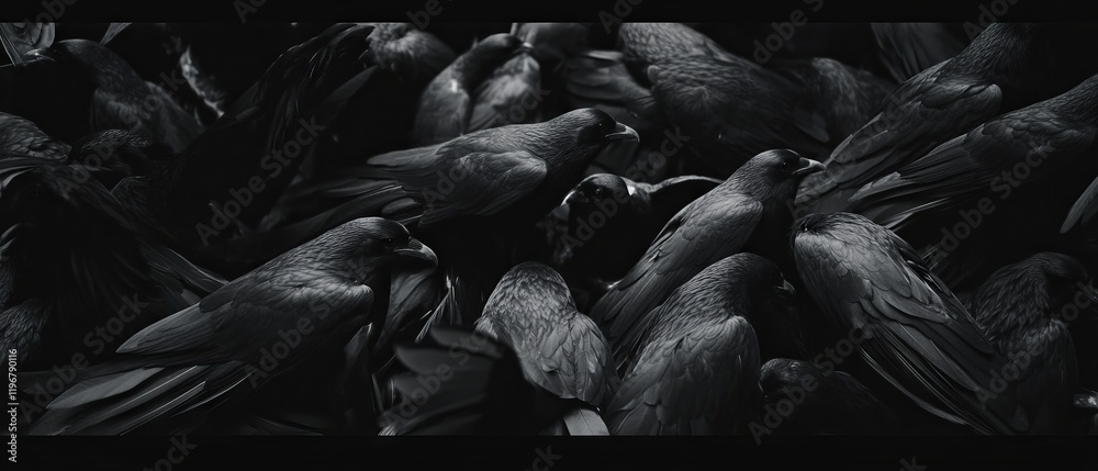 Poster swirling mass of dark feathers creating dramatic textures against a black backdrop