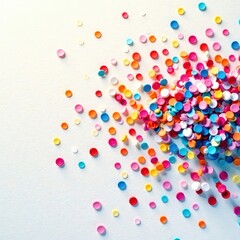 Multi-hued confetti explosion, blank white canvas , confetti explosion, joyful