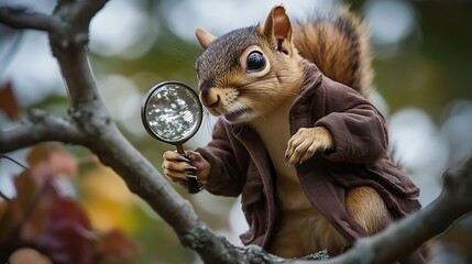 Naklejka premium A curious squirrel detective in a brown jacket perched on a tree branch using a magnifying glass to examine a nut