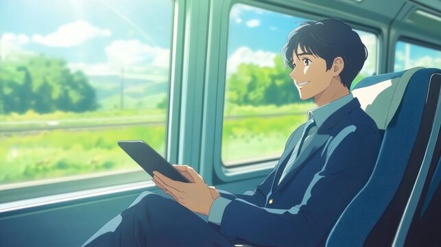 Peaceful Train Journey: A Man's Serene Commute Through Lush Countryside