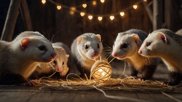 A group of ferrets play with a glowing ball in a cozy, rustic setting.