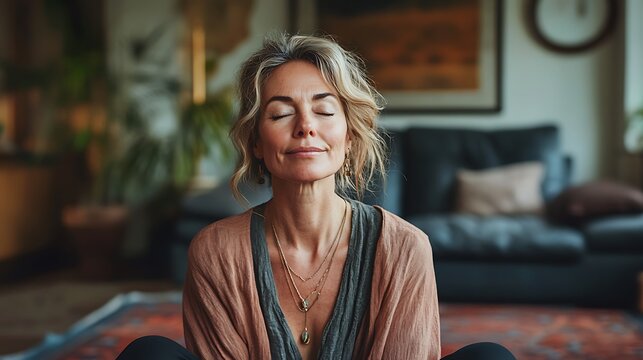 Mindfulness meditation practice cozy living room portrait serenity close-up