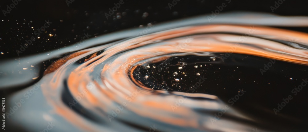 Poster Swirling pattern of liquid mercury against black background creating a metallic, fluid motion effect