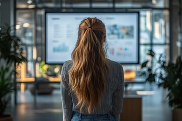 Woman with long hair observes presentation on large screen in modern office during daylight
