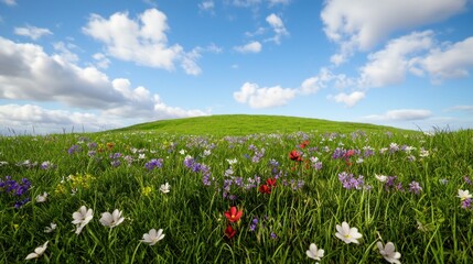 Fototapeta premium A vibrant meadow filled with colorful flowers under a blue sky.