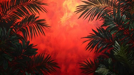 Obraz premium Dramatic palm fronds silhouetted against a vibrant crimson and amber sunset sky The lush tropical foliage creates a moody atmospheric and serene natural landscape backdrop