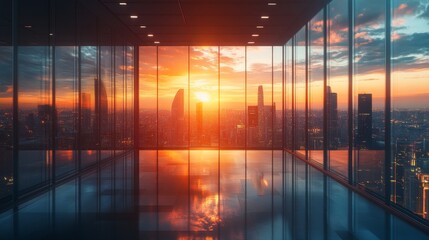Fototapeta premium Stunning sunset view from a modern high-rise office overlooking a vibrant city skyline during dusk