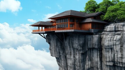 Modern House on Cliff Surrounded by Clouds and Blue Sky