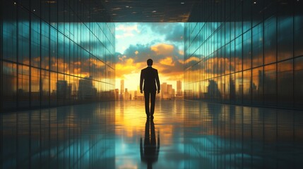 Businessman silhouette walking towards a vibrant sunset in a modern urban environment