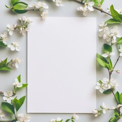 Elegant white paper surrounded by delicate blossoms and green leaves on a light background, perfect for creative designs. Generative AI
