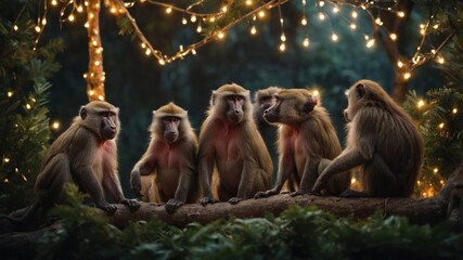 A group of baboons gathered on a log, illuminated by twinkling lights in a serene setting.