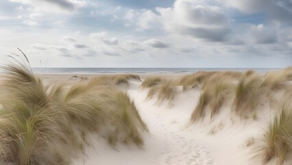  Beach view from the path sand between the dunes at Dutch coastline. Marram grass, Netherlands. The dunes or dyke at Dutch north sea coast