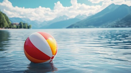Vibrant red yellow and white beach ball floating aimlessly on a calm mirror like lake with snow capped mountains in the distance under a blue sky with fluffy clouds