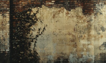 Brick wall with ivy crawling up the side and worn mortar, old building, distressed texture, building exterior