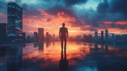 Fototapeta premium Business professional stands contemplatively on rooftop at sunset overlooking city skyline