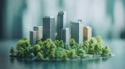 Fototapeta premium Miniature city model surrounded by greenery showcases architectural design and urban planning concepts