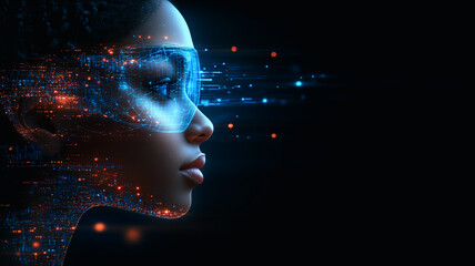 Digital Evolution: A captivating portrait of a woman with a mesmerizing digital overlay, blending the physical and virtual realms, suggesting the transformative power of technology.