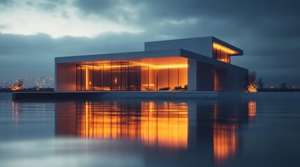 Modern architectural masterpiece illuminated at dusk near tranquil waterscape in an urban setting
