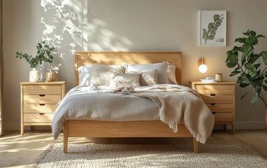 Scandinavian bedroom with clean lines, light wood nightstands, and soft ambient lighting