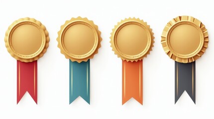 Set of four different, distinct award medals with different ribbons, different elegant decorative elements. Different designs should emphasize premium, with bright colors and different decorations, sy