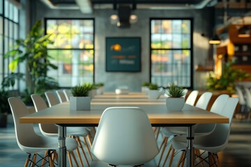 Modern coworking space with plants, natural light, and minimalist design in an urban setting