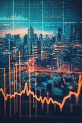 Fototapeta premium A futuristic cityscape with economic data overlays and glowing trends