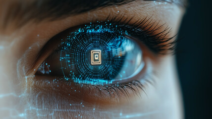 Digital Eye: Close-up of a human eye with a futuristic, glowing digital overlay, suggesting themes of technology, biometrics, and the future. The image creates a sense of mystery and intrigue.