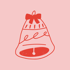 Bell for hanging on Christmas tree in cute doodle style, vector illustration isolated on pink background. Hand drawn outline of Christmas ornament. Winter holiday decoration.