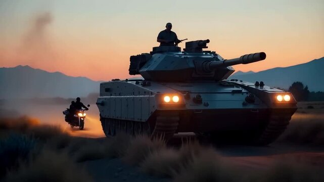 Armored tank crossing a minefield at twilight, with bright headlights illuminating the path ahead