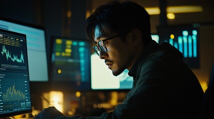 A focused individual analyzes data on multiple screens in a dimly lit workspace, showcasing a modern and tech-savvy environment.