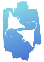 Ilustración de vida marina. Silueta de pareja de manta raya gigante girando en círculo en trazo de pincel de pintura azul © teracreonte